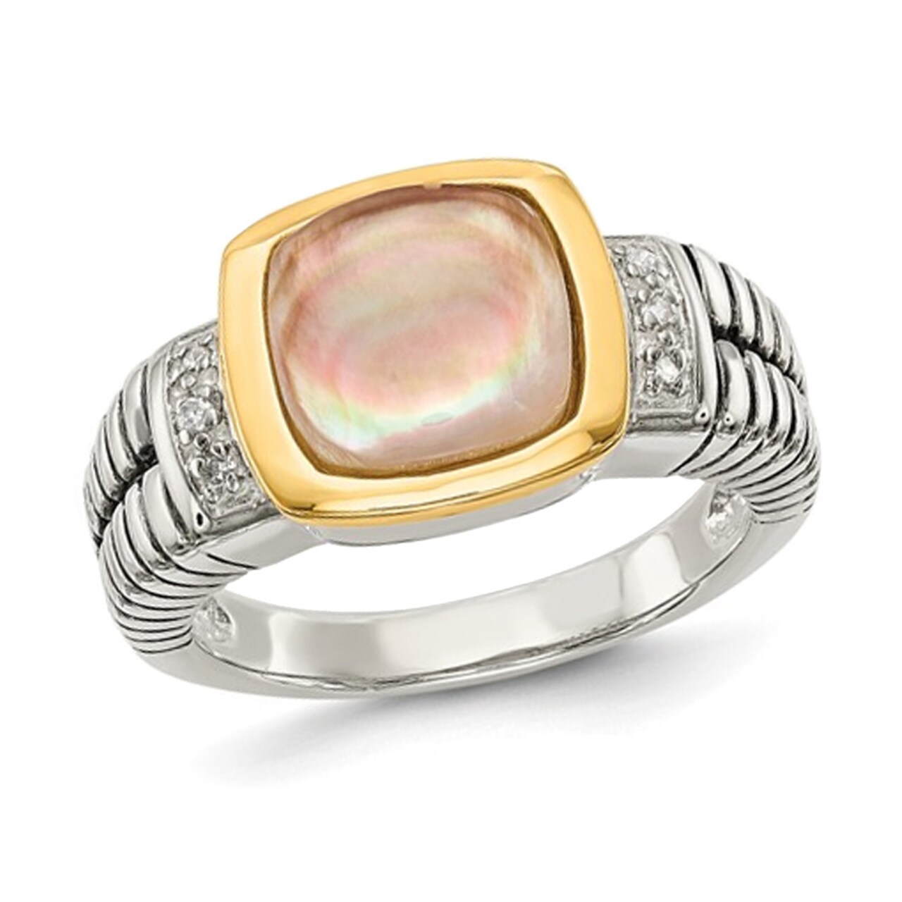 Gem And Harmony Black Mother of Pearl Ring in Antiqued Sterling Silver with 14K Gold Accents